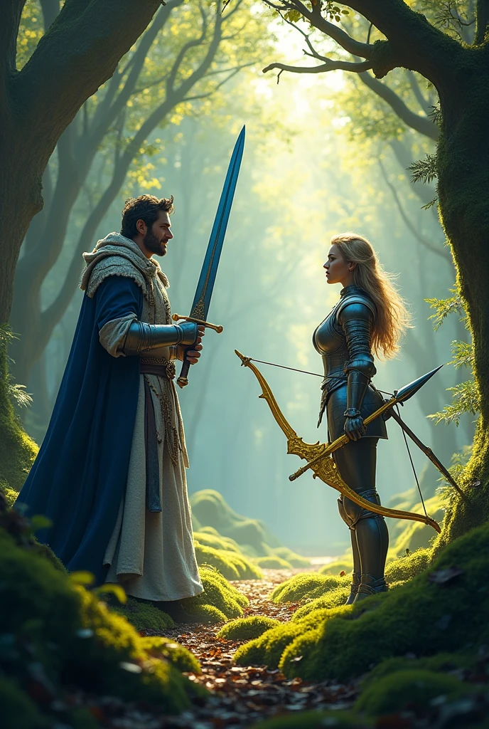 A king with a blue sword and a yellow bow and arrow in his hand and against a female knight in the middle of the forest