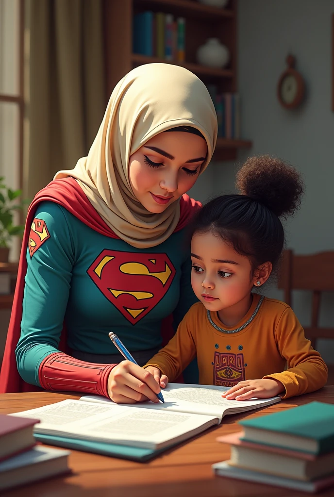 Hijab superhero teaching her daughter for homework