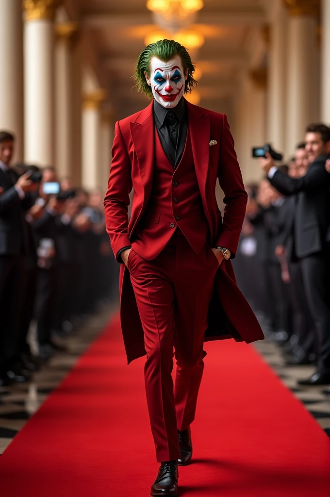 outfit boy ai for gala night with red carpet background and name JOKER at the back