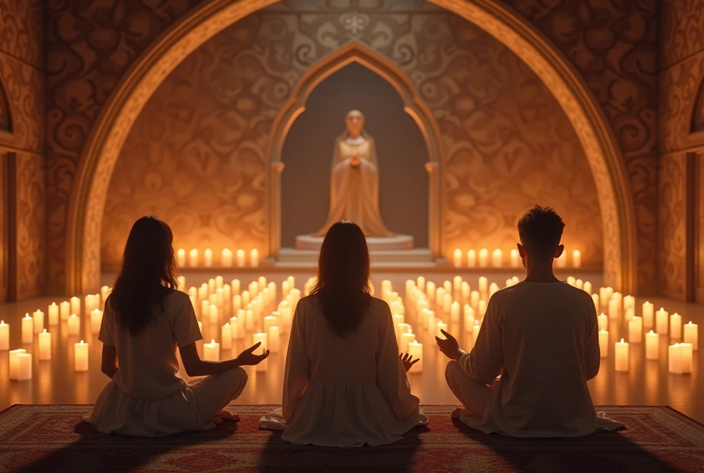 people sitting in a serene sanctuary, where the soft light of candles dances on the walls, creating an atmosphere of peace and contemplation. The mild aroma of incense fills the air, elevating our senses and preparing us for an inner journey.