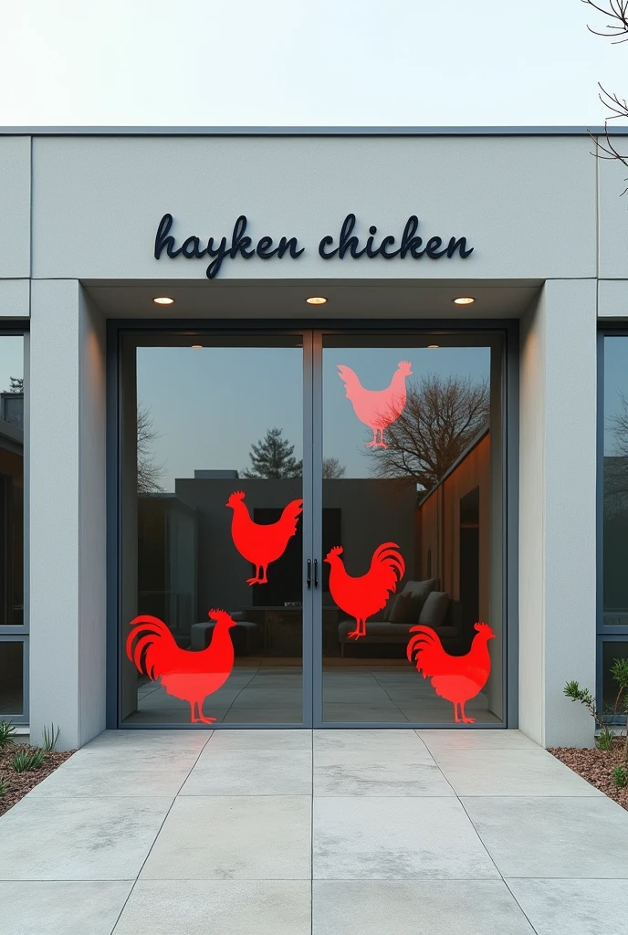 A front View of G+0 building, Front Door made of glass chicken pictures on the glass whit only red paint,the door is open in two sideds sliding, write "Hayken chicken" On the top of the Door, 4 wide windows 