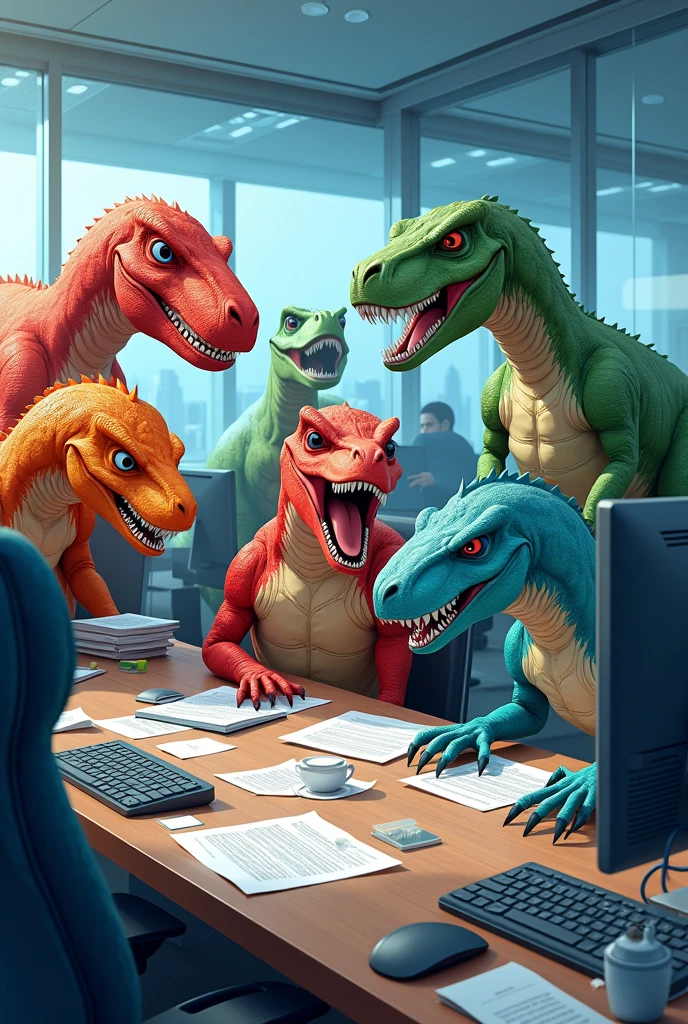 create 7 angry dinosaurs working in an anime style office, each one in a color, in a blue marketing office 