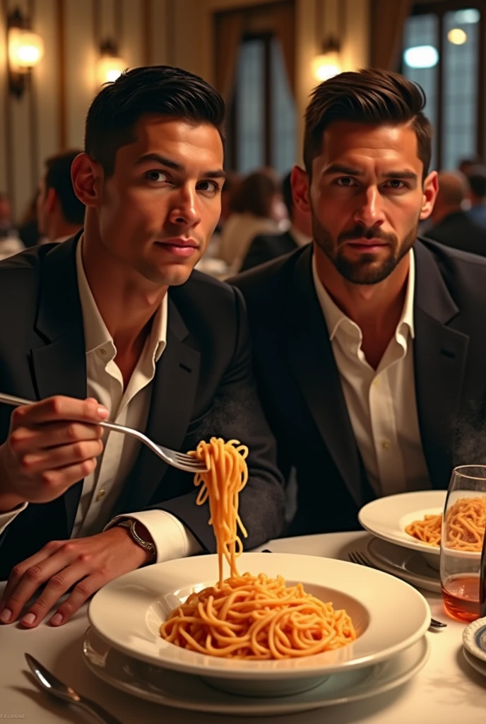 Ronaldo and messie  with restaurant and eat spaghetti realstic  4k 