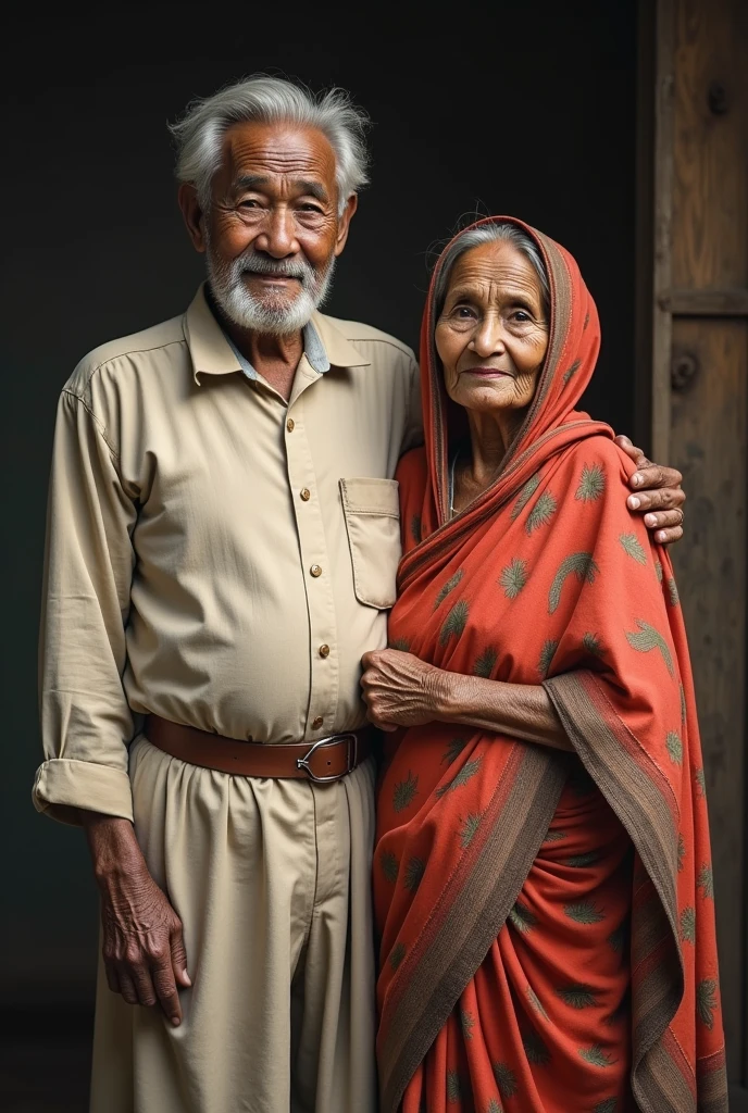 An old Nepali grandfather and grandmother photo in vintage nepali traditional outfit 