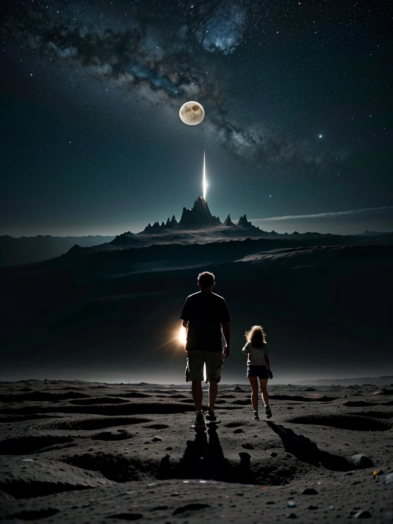 a tiny man walking on the surface of the moon, dwarfed by the vast lunar landscape, a giant 90-foot tall woman wearing casual shorts and a T-shirt gazing down at the tiny man, her expression a mix of curiosity and amusement, the moon's surface detailed with craters and rocks, the earth visible in the dark sky, creating a striking contrast between the small man and the towering woman, a giant young woman, 500 meters tall, standing next to small buildings, athletic build, wearing shorts, looking down, interacting with people, highly detailed, cinematic lighting, dramatic angle, photorealistic, hyper detailed, 8k, best quality