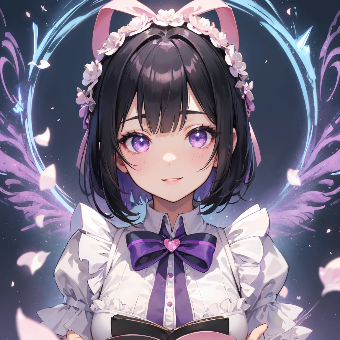 1 Female、Black short hair、Short Bob、Long Bangs、magical girl inspired cosutume、numerous raffle attire, pink and purple and white, Big fluffy ribbon、sparkling ornaments, magical wand、Apron-like front、detailed face, big heart eyes, thin eyebrows, moist lips, kissing lips, perfect proportion, big smile, smiling full of compassion, close up shot, magical wirl effect