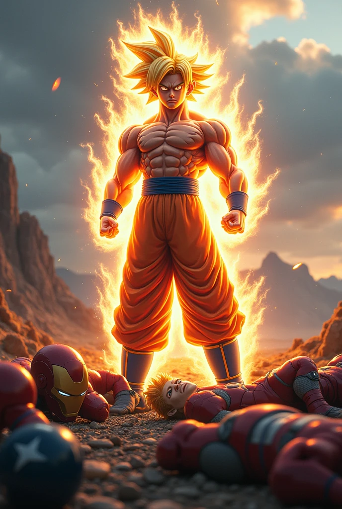 hình ảnh thực tế, Goku Ultra Instinct fights the Avengers, Goku chiến thắng, (thor) (the hulk) (iron man) (captain america) all lie at Goku&#39;s feet.