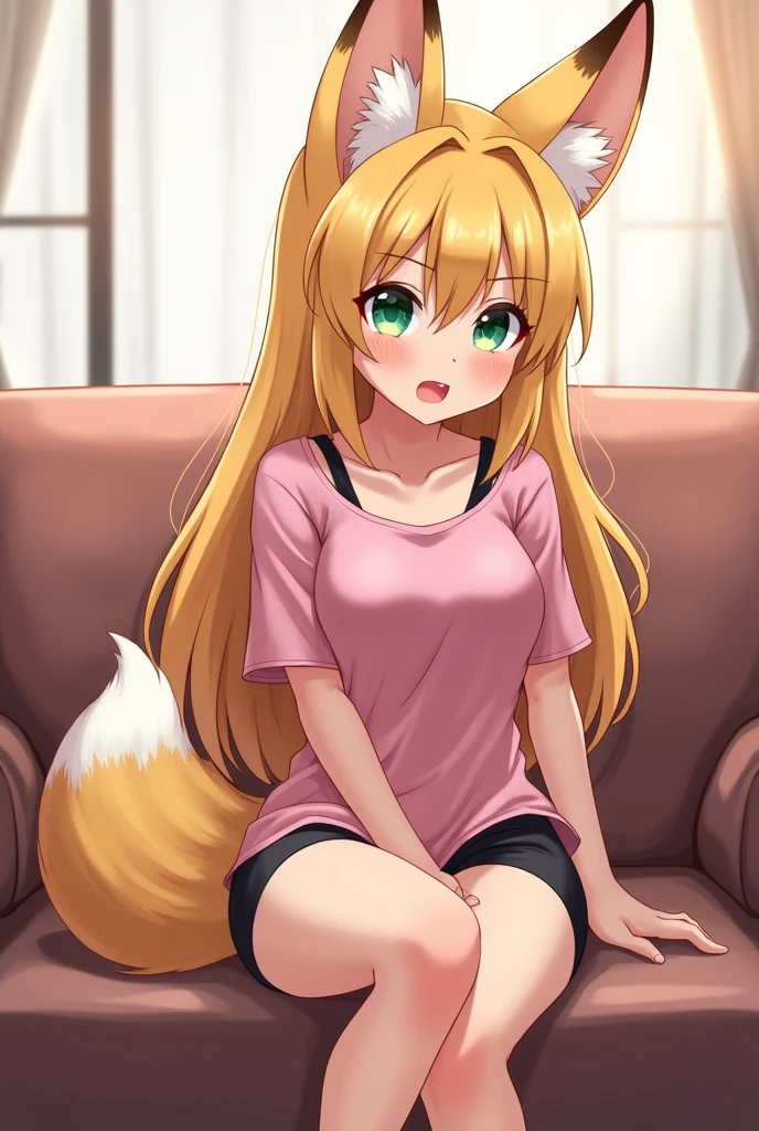 Rolo, art by dagasi, (solo:1.5), art by dagasi, Uploaded to e621.net, (Pixelsketcher), (wamudraws), (masterpiece), (HD), (high res), solo portrait, (feet visible), (furry anthro), (detailed fur), (detailed shading), (beautiful render art), anthro furry, (light orange fur), fox ears, fluffy tail, snout, (beautiful green eyes), [(slim figure, flat chest, skinny)], (curvy hips), (beautiful legs), Rolo, furry, small, eyelashes, (??? female:1.5), fluffy, wearing a pink t-shirt, (black bra straps), lycra shorts, Rolo sitting on a sofa, watching TV, legs crossed, (cowgirl girl pose, both hands on crotch:1.5), in a carefree pose, smiling at the viewer with joy and embarrassment, blushing