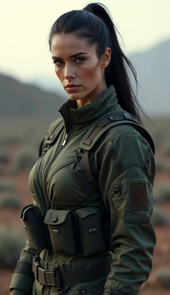a sexy female soldier, wearing a sexy soldier's uniform, battlefield background, sexy pose, very detailed, very accurate, 4k quality, beautiful lighting, bokeh, beautiful face, awesome lips, black dark hair, ponytail hair, very detailed eyes