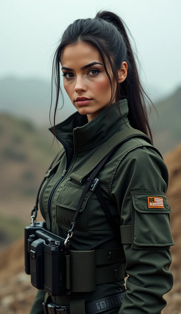 a sexy female soldier, wearing a sexy soldier's uniform, battlefield background, sexy pose, very detailed, very accurate, 4k quality, beautiful lighting, bokeh, beautiful face, awesome lips, black dark hair, ponytail hair, very detailed eyes