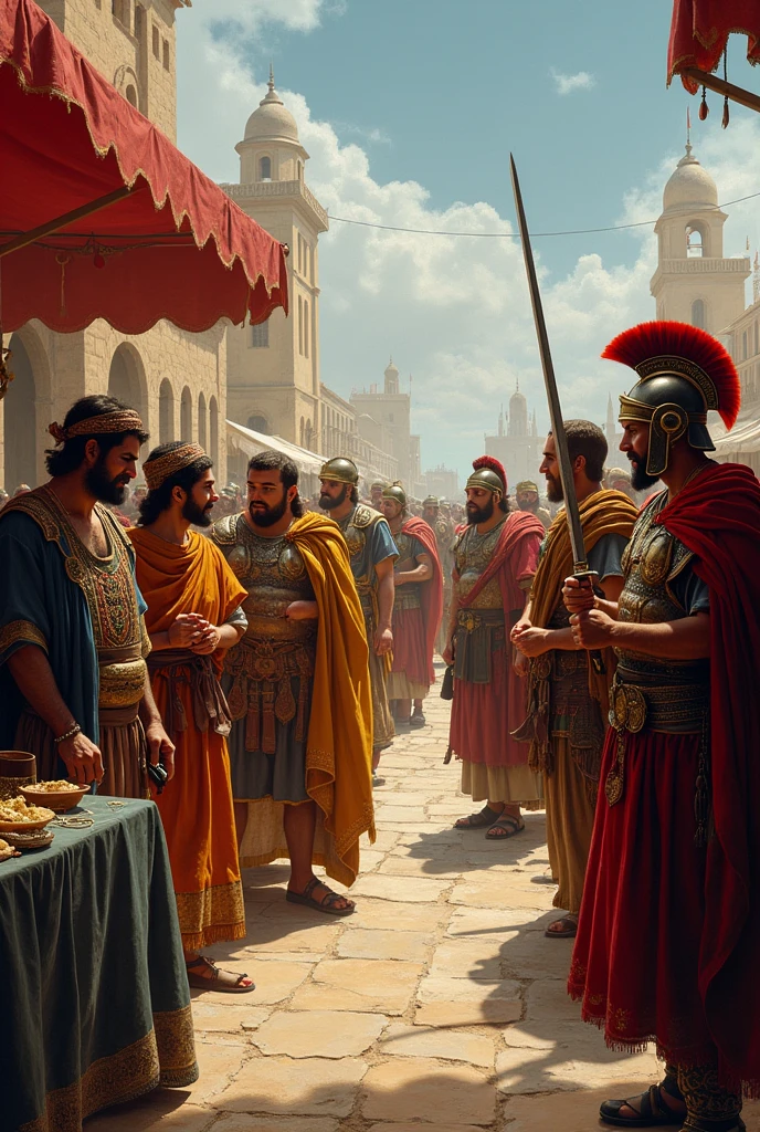 Split image: Carthaginian merchants trading valuable goods on left, Roman legionaries preparing for battle on right, contrasting peace and war