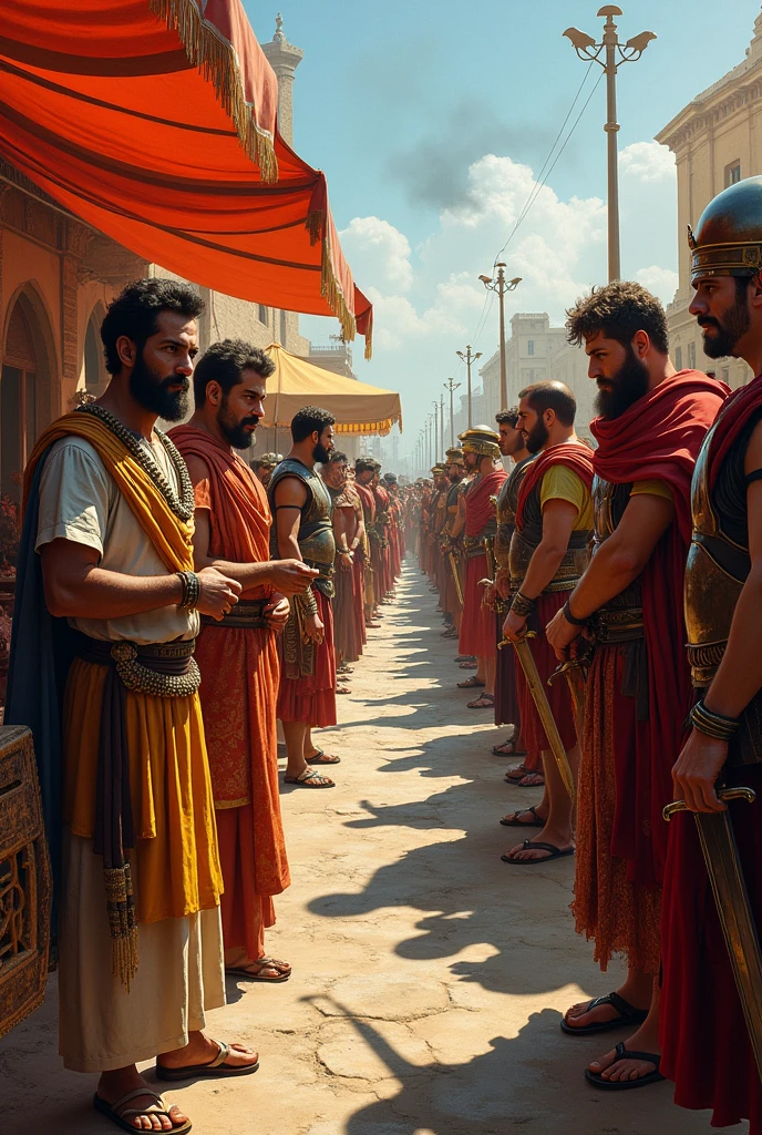 Split image: Carthaginian merchants trading valuable goods on left, Roman legionaries preparing for battle on right, contrasting peace and war