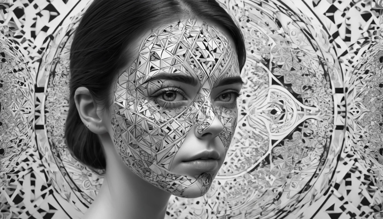 a woman with a black and white pattern on her face, stunning digital art, complicated digital art, 3 d digital art, 3d digital art, complicated digital artwork, Advanced 3D digital art, amazing detailed digital art, digital complicated art, Detailed 3D digital art, amazing digital art, 4k symmetrical portrait, 4k symmetrical portrait