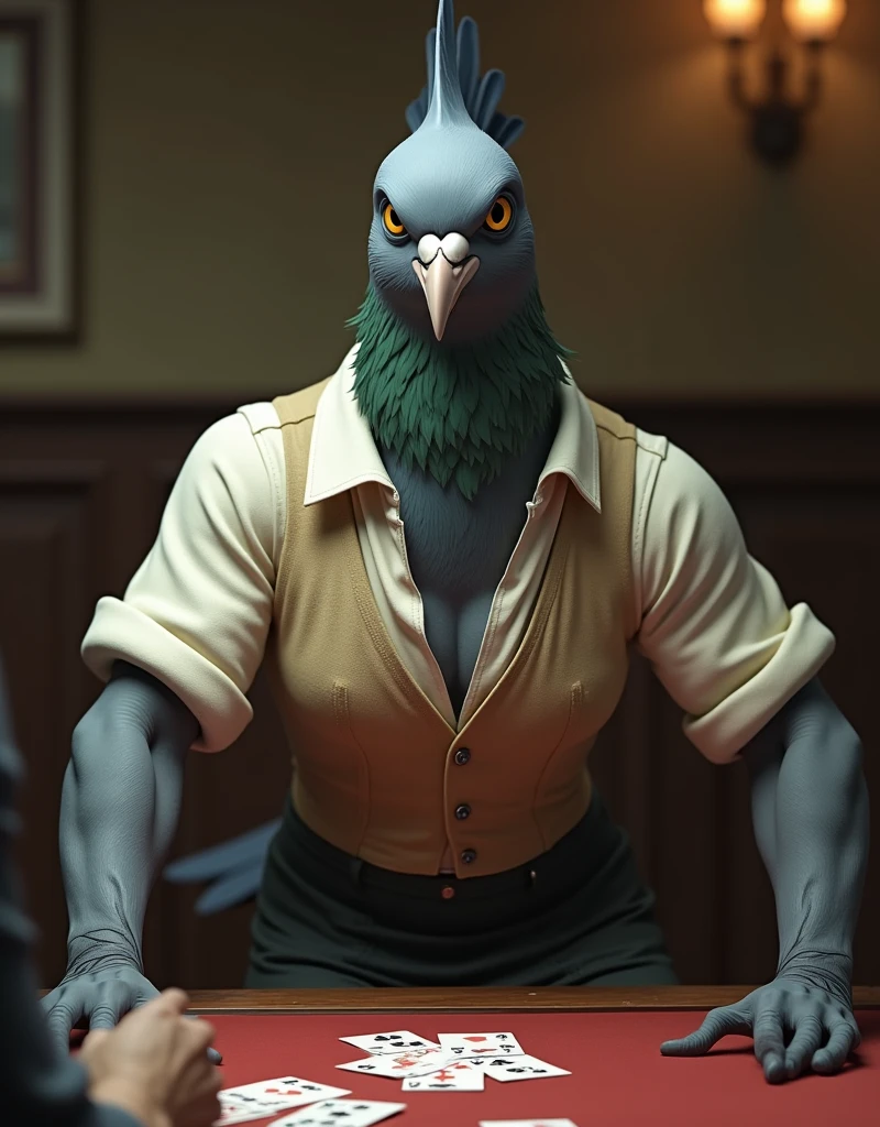 ((Highest quality)), ((masterpiece)), (detailed), A gray female pigeon with an angry expression and open mouth is wearing an off-white collared short-sleeved shirt, a light brown vest, a knee-length black skirt, dark green socks and black shoes.、He is playing cards at the table and pointing at me、Muscular grey female pigeon、Photorealistic images。