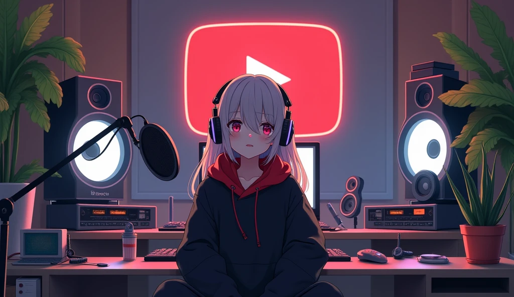 Create a image of "A 18 years anime girlwith headphones sitting in front of a microphone, wearing black and red hoodie. The background includes a large YouTube logo on the wall, potted plants on either side, and various computer and recording equipment."
