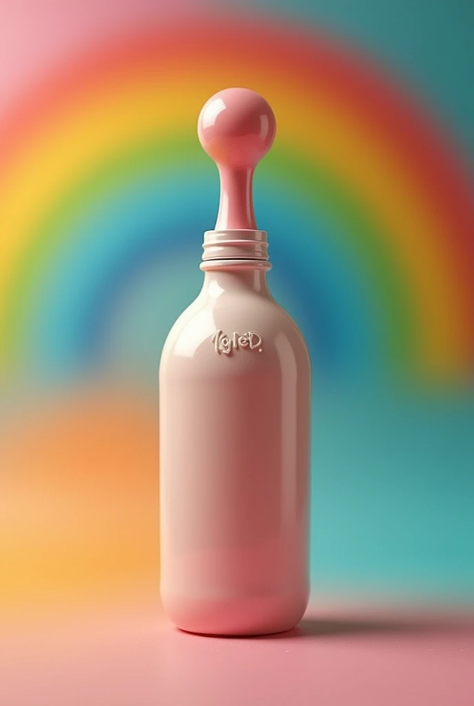 penis bottle with a rainbow background, the nipple of the bottle must be a cock head