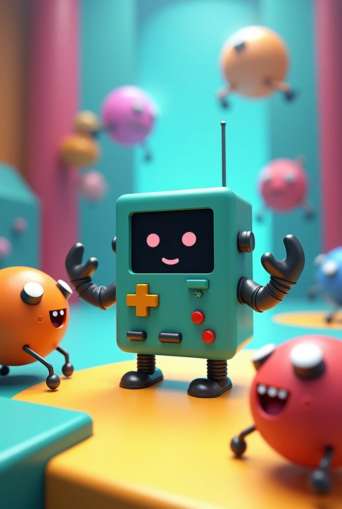 3D game screenshot, third-person camera view, stylized casual game. Main character is BMO robot from Adventure Time cartoon. Multiple similar robots running around the level. Level design resembles a test chamber. Colorful, playful atmosphere. Cartoon-style graphics, simple textures. Isometric view, ((((game UI elements visible))). Adventure Time inspired, puzzle-platformer aesthetics. Game development, 3D modeling, character design
