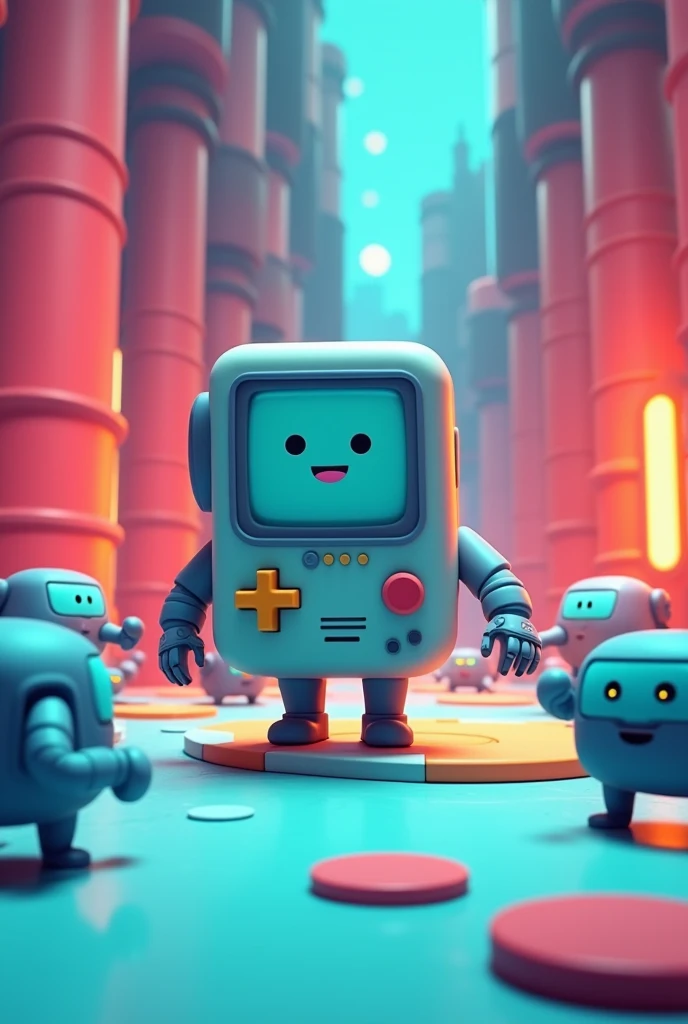 3D game screenshot, third-person camera view, stylized casual game. Main character is BMO robot from Adventure Time cartoon. Multiple similar robots running around the level. Level design resembles a test chamber. Colorful, playful atmosphere. Cartoon-style graphics, simple textures. Isometric view, ((((game UI elements visible))). Adventure Time inspired, puzzle-platformer aesthetics. Game development, 3D modeling, character design