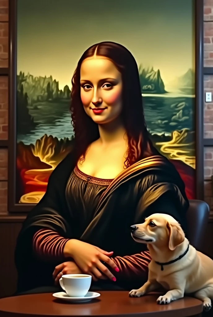 Make a portrait "Mona Liza" siting in coffe shop "Starbucks" with new style clothes, smiling and sipping coffe with his little dog 