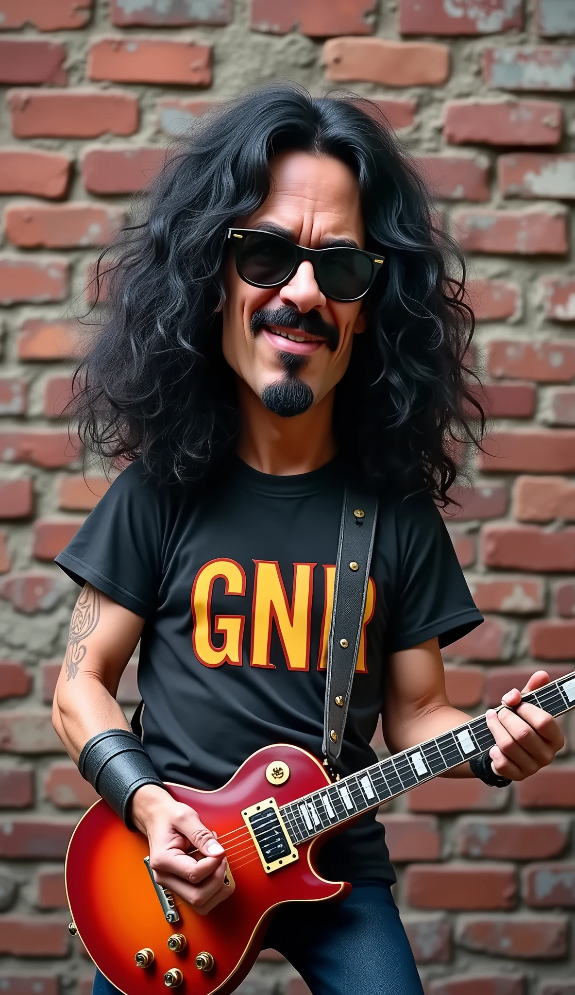 3d kids caricature, a man who looks like slash, wearing a t-shirt that says "gnr", playing the gibson guitar, brick wall background
