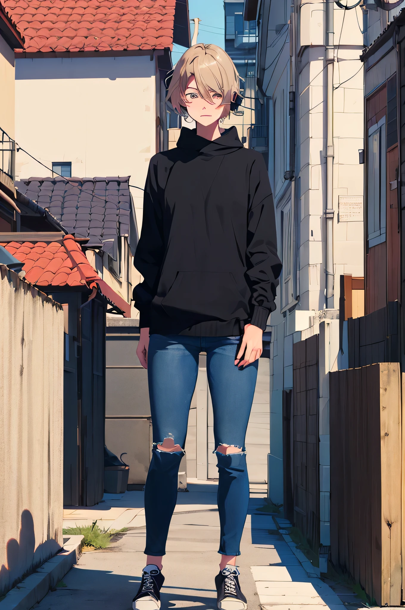 (work of art:1.3),(best qualityer:1.2),(absurderes:1.1), (whole body:1.1), dark hair, big sweater, no pants,
mgk_AKANE, ears covered,looking ahead at viewer,
(highly detailed face and eye:1.1),standing on a roof, simple background,