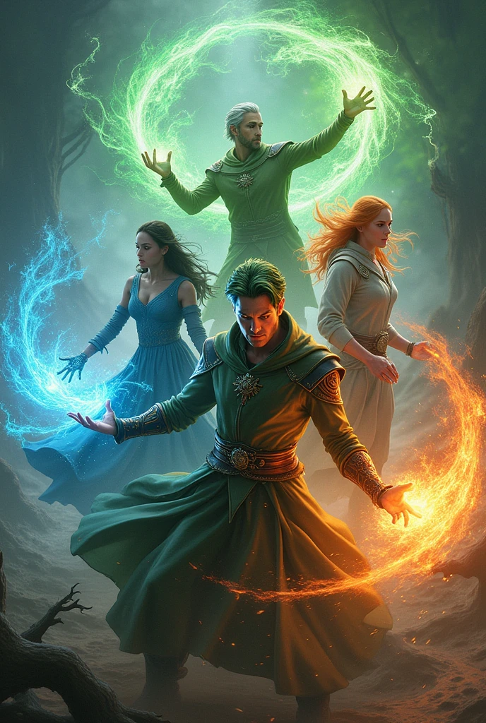 A movie poster, with a green haired man, green clothes, using green magic to create roots and plants around, A woman with blue hair and a blue dress, using a blue magic to control the water around, a woman with red hair and warm colored clothes, using orange magic to control the flames around, and a man with white hair and gray clothes, using white magic to control the winds around.