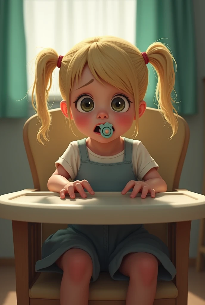 A scared young woman sitting in high chair. She has a pacifier in her mouth. Blonde pigtails