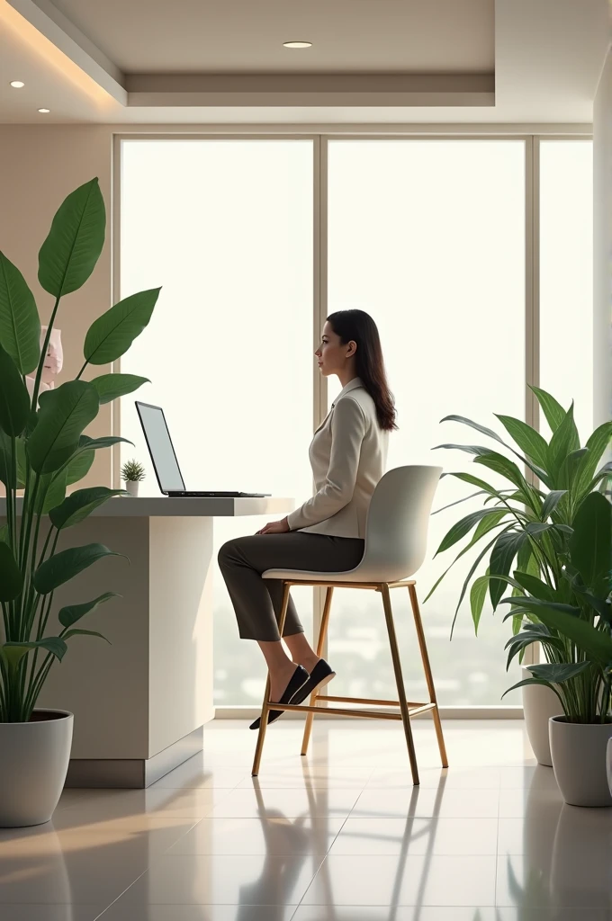 Receptionist in high chair with low back in reception area with modern plants