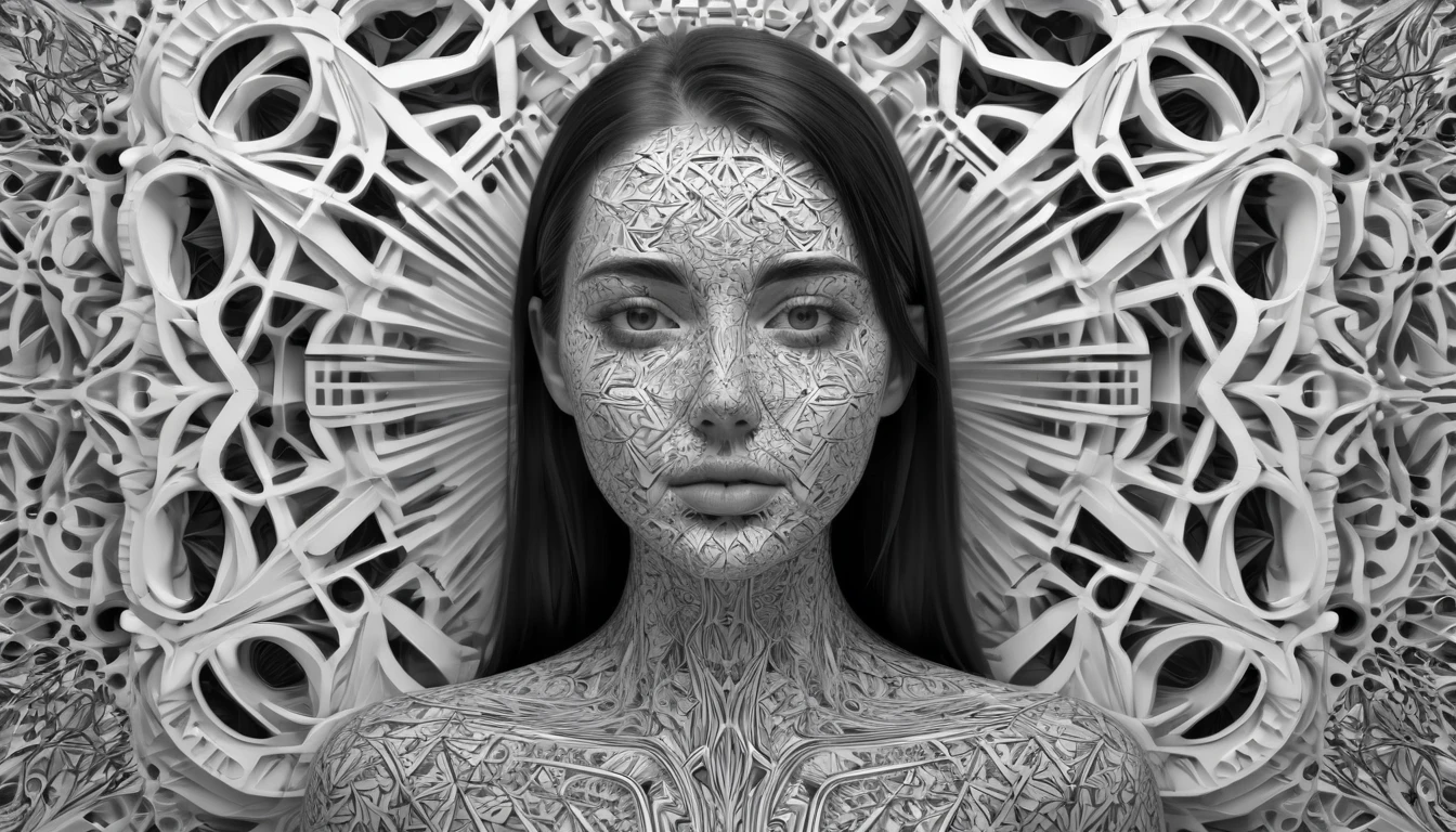 a woman with a black and white pattern on her face, stunning digital art, complicated digital art, 3 d digital art, 3d digital art, complicated digital artwork, Advanced 3D digital art, amazing detailed digital art, digital complicated art, Detailed 3D digital art, amazing digital art, 4k symmetrical portrait, 4k symmetrical portrait