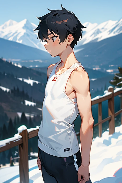 Snowy mountains in the background、An  standing wearing a tight white Y-back tank top