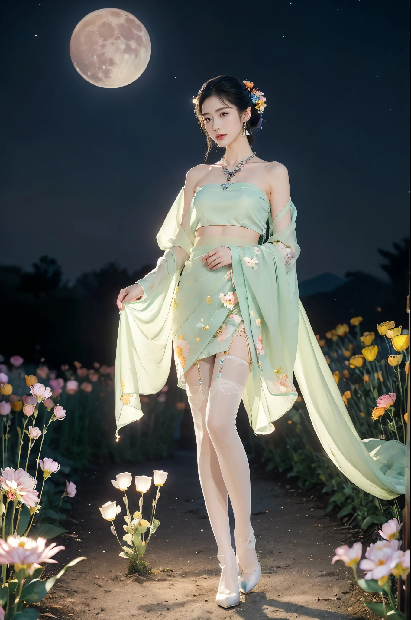 (((best quality))),(((ultra detailed))),(((masterpiece))),illustration,((1 beautiful girl,solo)),(neat chignon:1.2),((earrings,crystal necklace)),((slim,thin)),((small breasts,flat chest)),(slender legs:1.2),(stockings:1.3),(high heels:1.2),(a moon in the clear night sky as the background:1.3), gentle glow,(Standing in the world full of vibrant flowers:1.3),(gorgeous sheer hanfu:1.3),sparkling eyes,graceful,(surrounded by crowded colorful flowers:1.5), kaleidoscope, shimmer,bright moonlight, delicate petals, fragrance, otherworldly, magical realm, enchantment, tranquility, essence of beauty, peace,(outdoor:1.),(night scene:1.3),((from front,full body))