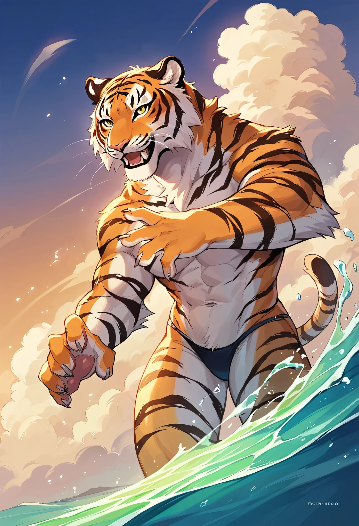 rating_safe, score_9, score_8_up, score_7_up, score_6_up, score_5_up, score_4_up, hires, source_furry(masterpiece, top-quality, Official art)Look at viewericro bikini, tiger and girl, Tiger painting}A flash of light runs, Colorful water levitation,