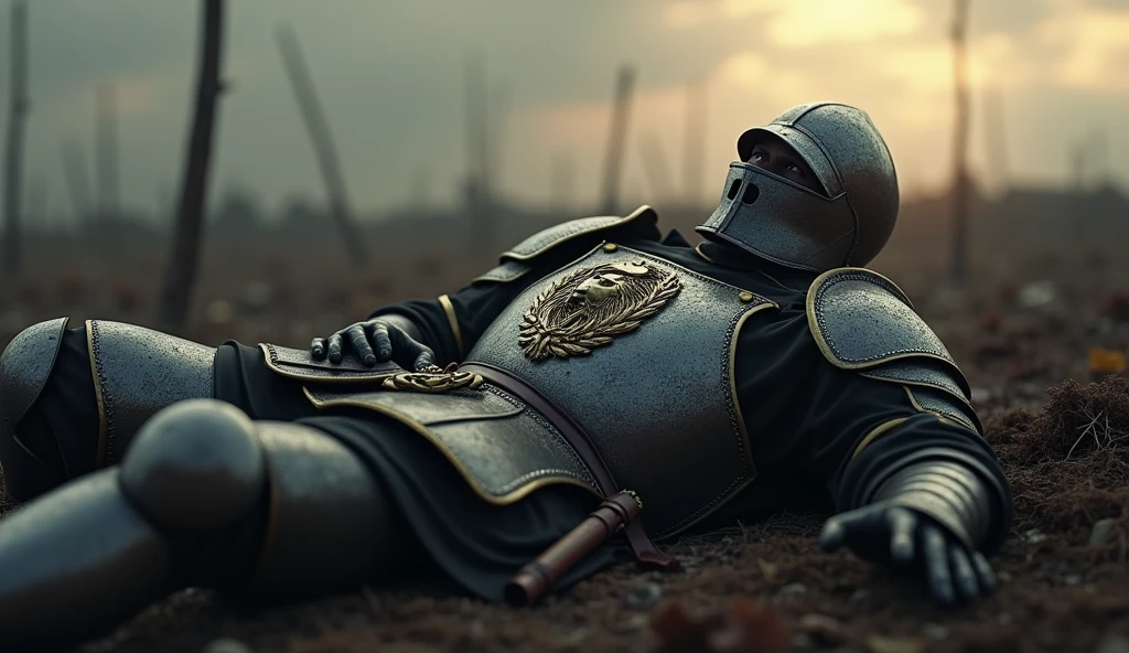 "A highly realistic, high-contrast, 8K HD, detailed, hyper-detailed image of the Lion-emblazoned General lying dead on the battlefield. The scene focuses on the General wearing his full steel armor with a prominent lion emblem on his chest and his distinct helmet, fully covering his face. The surroundings reflect the aftermath of an intense battle, with a somber atmosphere. The dramatic lighting highlights the fallen General's armor and the iconic lion emblem, ensuring the scene is both tragic and heroic. The environment captures the chaos and sacrifice of war, with the Lion-emblazoned General as the central figure in this somber moment. Unreal Engine rendering, showcasing the finality of his demise on the battlefield, with the helmet intact, covering his face 