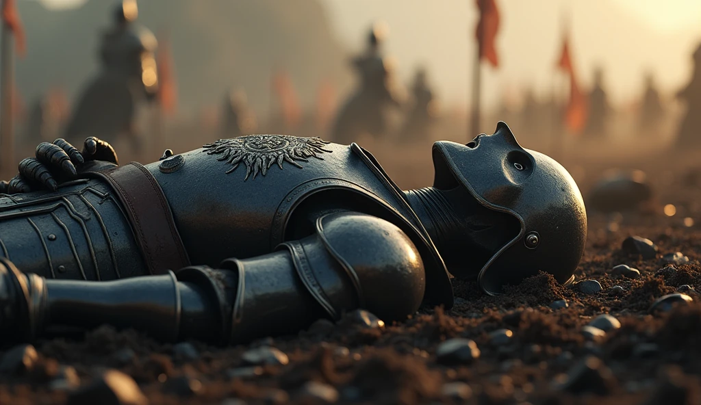 "A highly realistic, high-contrast, 8K HD, detailed, hyper-detailed image of the Lion-emblazoned General lying dead on the battlefield. The scene focuses on the General wearing his full steel armor with a prominent lion emblem on his chest and his distinct helmet, fully covering his face. The surroundings reflect the aftermath of an intense battle, with a somber atmosphere. The dramatic lighting highlights the fallen General's armor and the iconic lion emblem, ensuring the scene is both tragic and heroic. The environment captures the chaos and sacrifice of war, with the Lion-emblazoned General as the central figure in this somber moment. Unreal Engine rendering, showcasing the finality of his demise on the battlefield, with the helmet intact, covering his face 