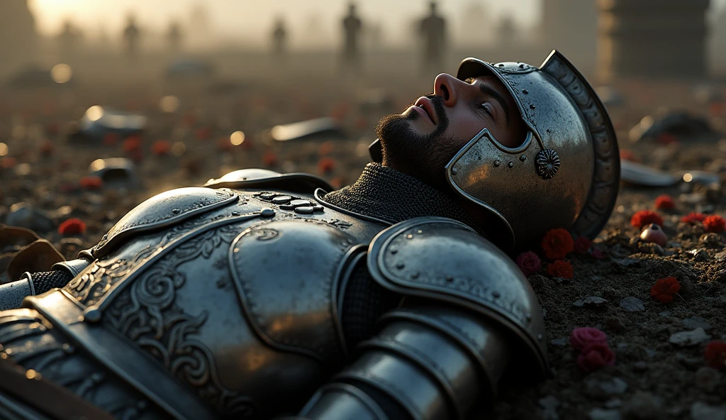 "A highly realistic, high-contrast, 8K HD, detailed, hyper-detailed image of the Lion-emblazoned General lying dead on the battlefield. The scene focuses on the General wearing his full steel armor with a prominent lion emblem on his chest and his distinct helmet, fully covering his face. The surroundings reflect the aftermath of an intense battle, with a somber atmosphere. The dramatic lighting highlights the fallen General's armor and the iconic lion emblem, ensuring the scene is both tragic and heroic. The environment captures the chaos and sacrifice of war, with the Lion-emblazoned General as the central figure in this somber moment. Unreal Engine rendering, showcasing the finality of his demise on the battlefield, with the helmet intact, covering his face 