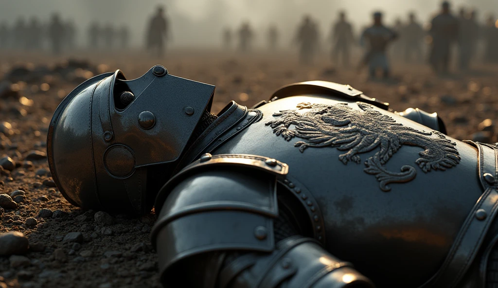 "A highly realistic, high-contrast, 8K HD, detailed, hyper-detailed image of the Lion-emblazoned General lying dead on the battlefield. The scene focuses on the General wearing his full steel armor with a prominent lion emblem on his chest and his distinct helmet, fully covering his face. The surroundings reflect the aftermath of an intense battle, with a somber atmosphere. The dramatic lighting highlights the fallen General's armor and the iconic lion emblem, ensuring the scene is both tragic and heroic. The environment captures the chaos and sacrifice of war, with the Lion-emblazoned General as the central figure in this somber moment. Unreal Engine rendering, showcasing the finality of his demise on the battlefield, with the helmet intact, covering his face