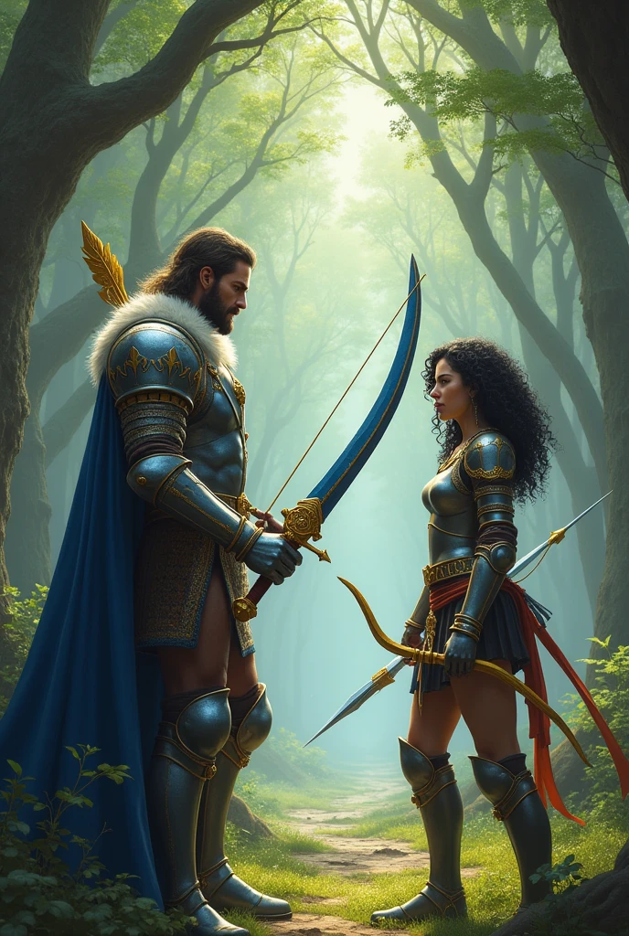A king with a blue sword and a yellow bow and arrow in his hand and against a female knight with curly black hair in the middle of the forest