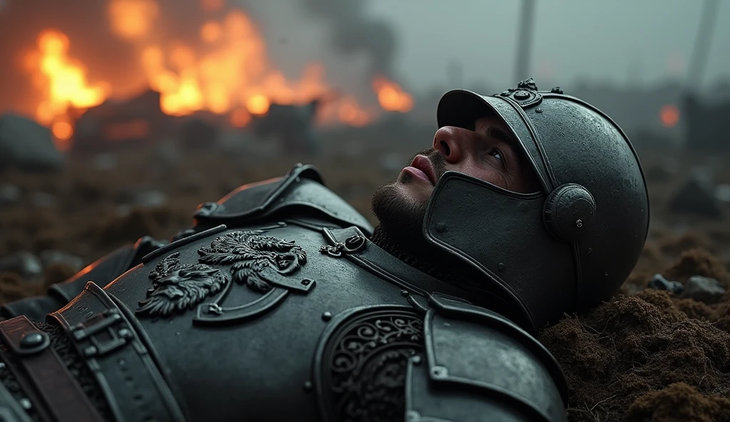 "A highly realistic, high-contrast, 8K HD, detailed, hyper-detailed image of the Lion-emblazoned General lying dead on the battlefield. The scene focuses on the General wearing his full steel armor with a prominent lion emblem on his chest and his distinct helmet, fully covering his face. The surroundings reflect the aftermath of an intense battle, with a somber atmosphere. The dramatic lighting highlights the fallen General's armor and the iconic lion emblem, ensuring the scene is both tragic and heroic. The environment captures the chaos and sacrifice of war, with the Lion-emblazoned General as the central figure in this somber moment. Unreal Engine rendering, showcasing the finality of his demise on the battlefield, with the helmet intact, covering his face 