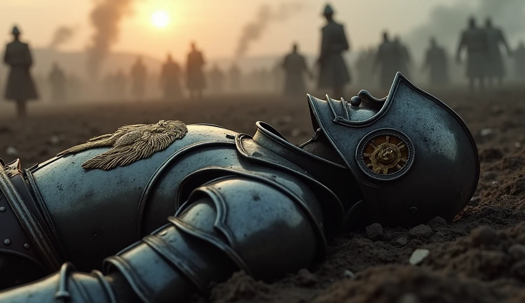 "A highly realistic, high-contrast, 8K HD, detailed, hyper-detailed image of the Lion-emblazoned General lying dead on the battlefield. The scene focuses on the General wearing his full steel armor with a prominent lion emblem on his chest and his distinct helmet, fully covering his face. The surroundings reflect the aftermath of an intense battle, with a somber atmosphere. The dramatic lighting highlights the fallen General's armor and the iconic lion emblem, ensuring the scene is both tragic and heroic. The environment captures the chaos and sacrifice of war, with the Lion-emblazoned General as the central figure in this somber moment. Unreal Engine rendering, showcasing the finality of his demise on the battlefield, with the helmet intact, covering his face