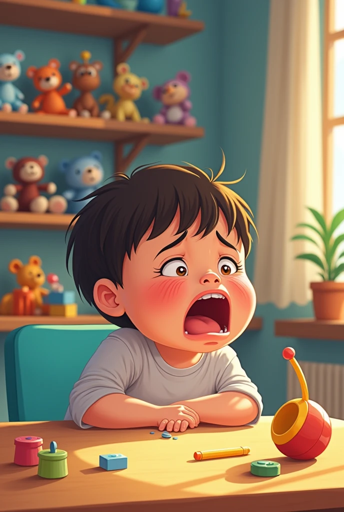 Cartoon of children's room, with shelf and toys in it, a child crying, a toy on the table.