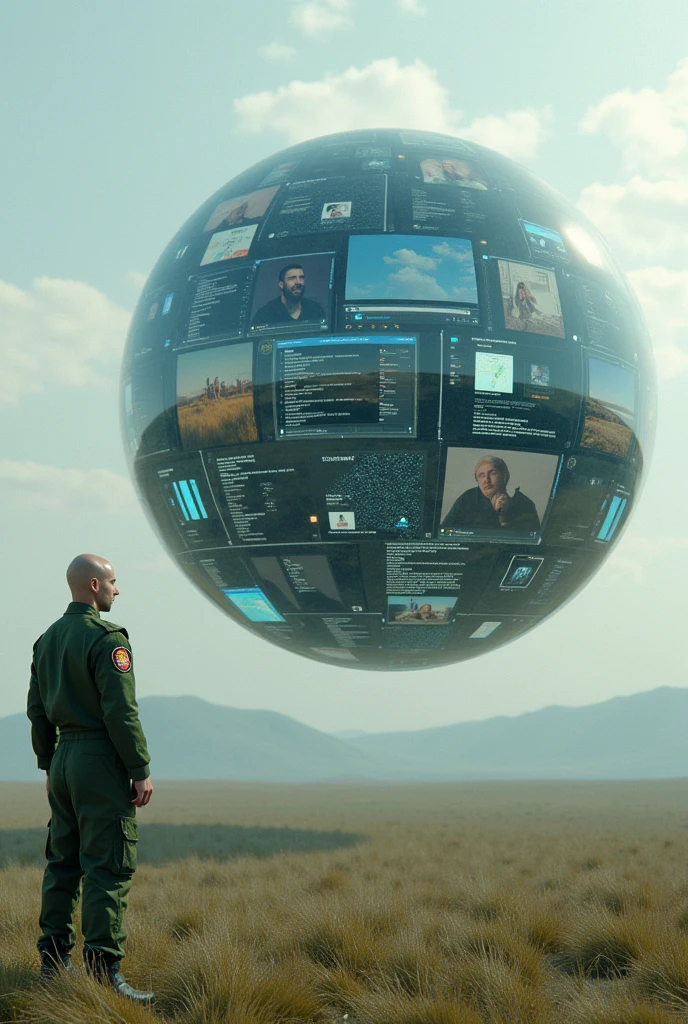 floating transparent sphere full of technological screens each with different images and social networks , and a bald man dressed in modern military green overalls coat of arms on the shoulder sleeve,  from the side and outside of this sphere looking at it in an open setting