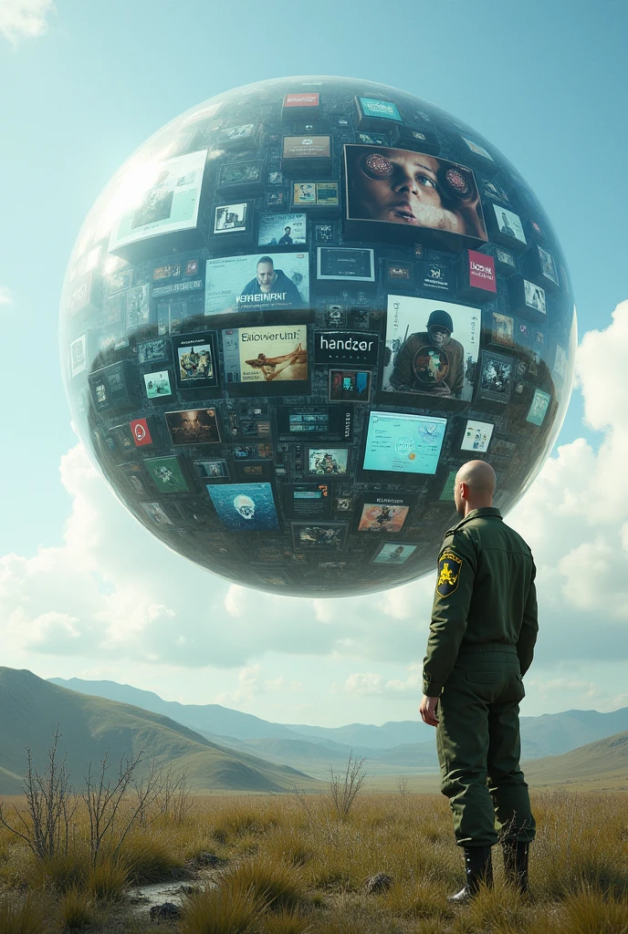 floating transparent sphere full of technological screens each with different images and social networks , and a bald man dressed in modern military green overalls coat of arms on the shoulder sleeve,  from the side and outside of this sphere looking at it in an open setting