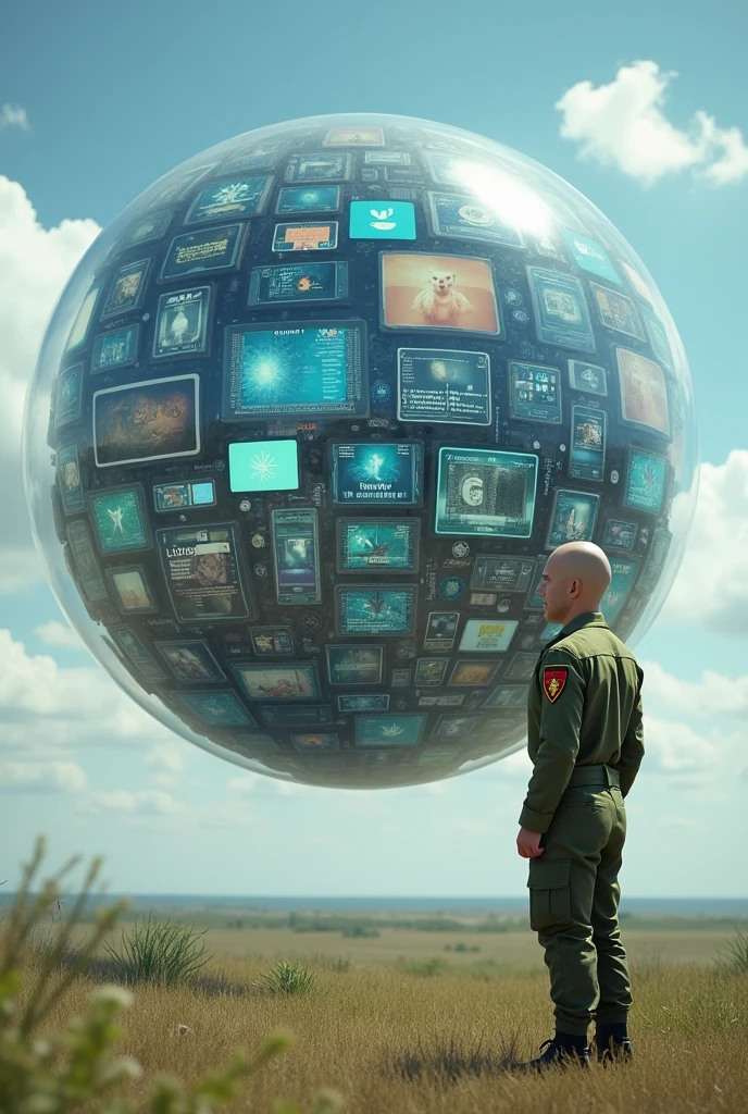 floating transparent sphere full of technological screens each with different images and social networks , and a bald man dressed in modern military green overalls coat of arms on the shoulder sleeve, from the side and outside of this sphere looking at it in an open setting