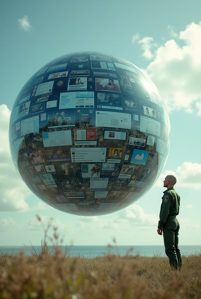 floating transparent sphere full of technological screens each with different images and social networks , and a bald man dressed in modern military green overalls coat of arms on the shoulder sleeve, from the side and outside of this sphere looking at it in an open setting