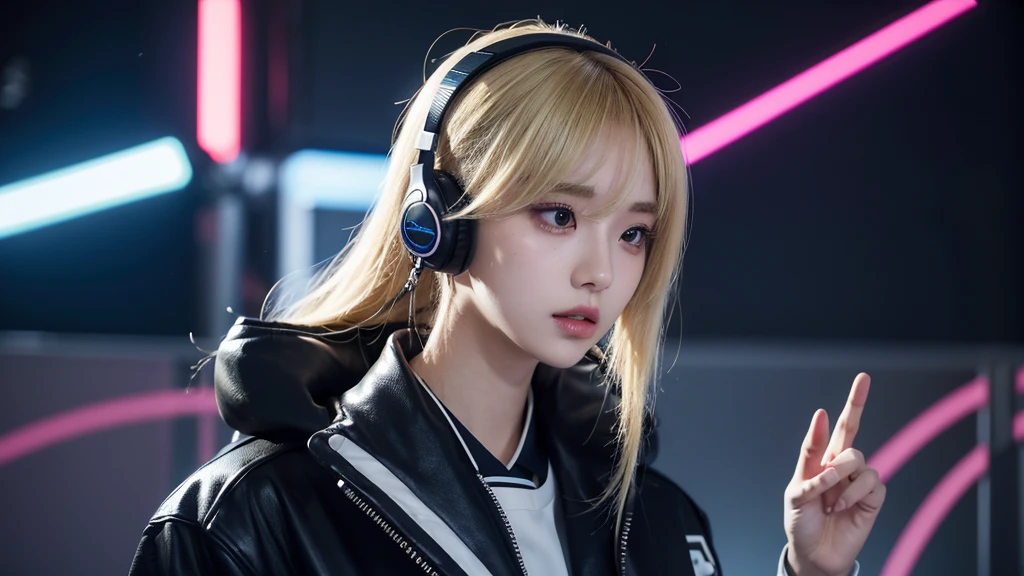 k-popアイドル、I have headphones on、Cool uniform outfit、Cyberpunk feel、Beauty、The whole body is reflected、Getting in the rhythm、Blonde、The headphones are illuminated