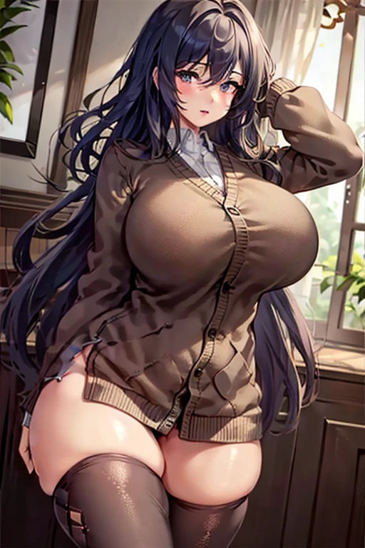 (best quality), (masterpiece), 1 girl, early 20's, huge heavy breasts, busty, massive breasts, thick, thick lips, wide hips, thin waist, argyle cardigan