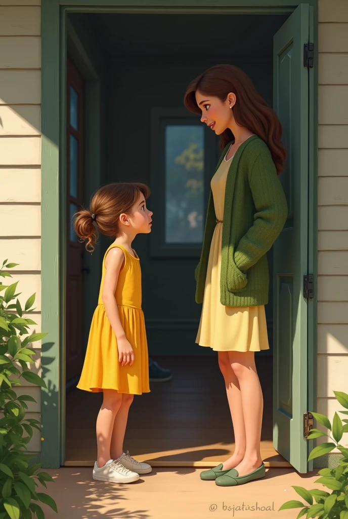 A girl wearing yellow sleeveless frock standing outside a house talks a lady wearing green knitted cardigan through a chink opened a door who is standing inside the house