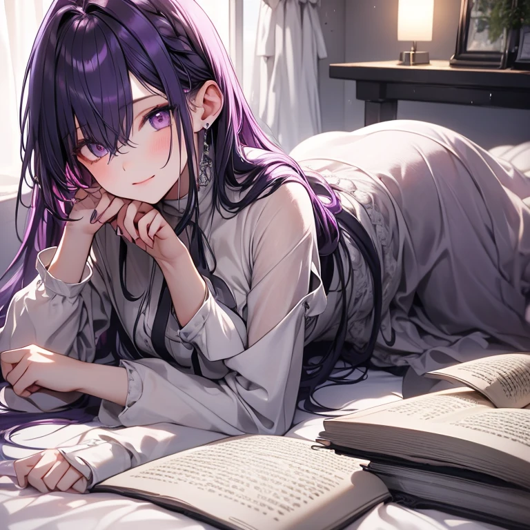 Attention to detail, high quality, high resolution, 4K, 8K,she looks gentle, raining outside the window, she is lying on the floor of the bedroom, she has long purple hair, she is relaxing, she is reading book, she has beautiful eyes, purple eyes, casual homewear, warm atmosphere, calm atmosphere, relax atmosphere