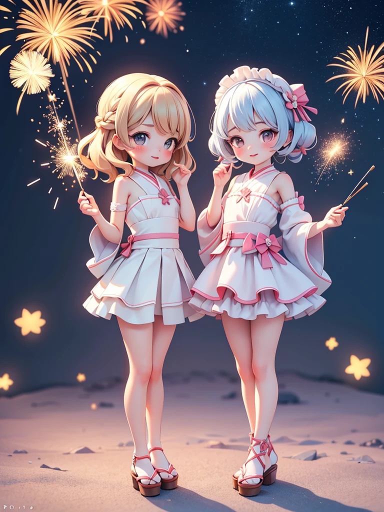 ((petite cute 2girls)), ((cute face)), ((puffy eyes)), ((masterpiece)), ((best quality)), ((ultra detailed)), ((exquisite)), ((depth)), ((crisp)), ((8k)), ((beautiful and aesthetic)), ((super detailed skin)), ((high standard)), ((highres)), (perfect anatomy), (blush), (lipstick), (full body), (nostalgic scenery), (sandy beach, night), (emotional), (strapslip), (japanese sparklers)