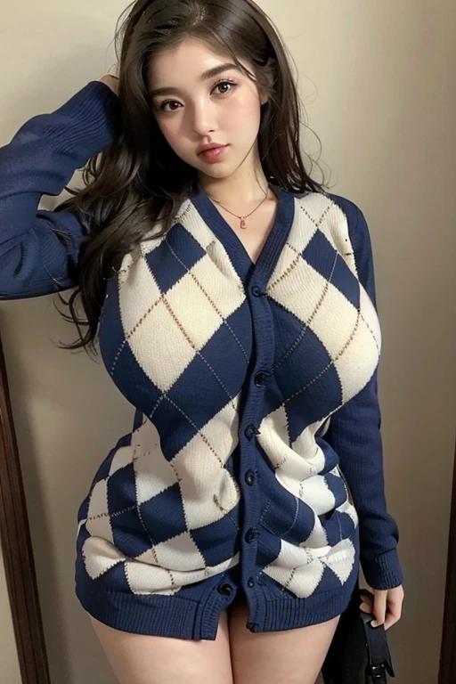 (best quality), (masterpiece), 1 girl, early 20's, huge heavy breasts, busty, massive breasts, thick, thick lips, wide hips, thin waist, argyle cardigan